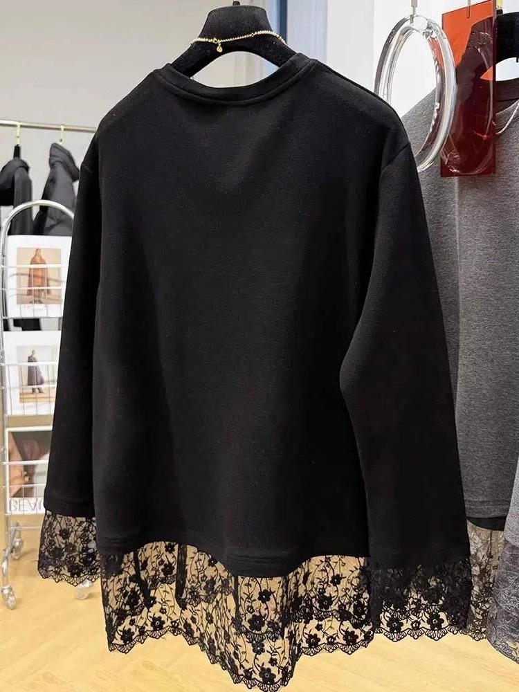 Longline Tee Oversized - 여성용 레이스 패치워크 긴소매 티셔츠 가을