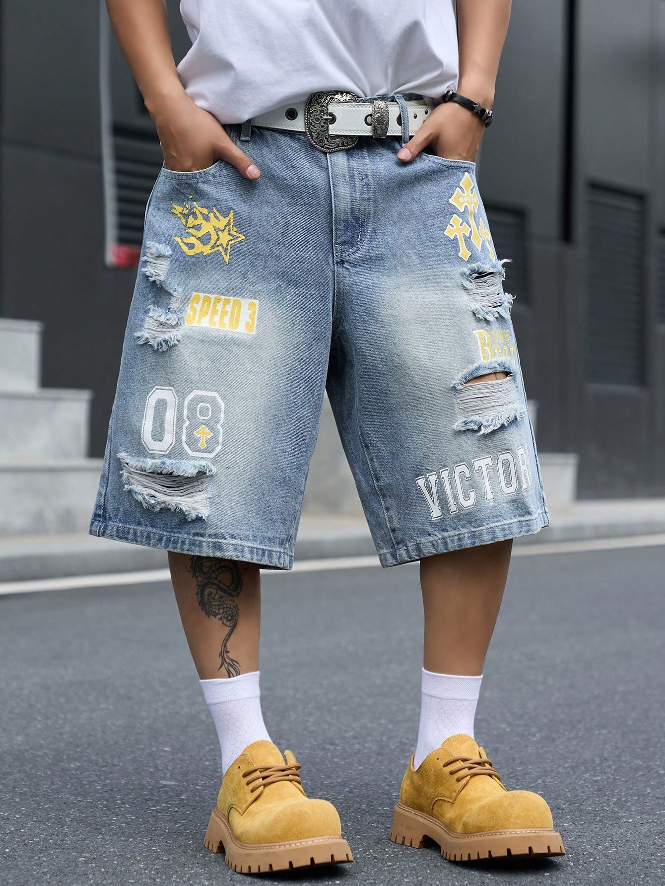 Street Fashion Types - 남성용 루즈핏 데님 버뮤다 반바지, 빈티지