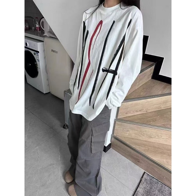 Longline Tee Oversized - 여성용 오버사이즈 크루넥 추상 라인 프린트