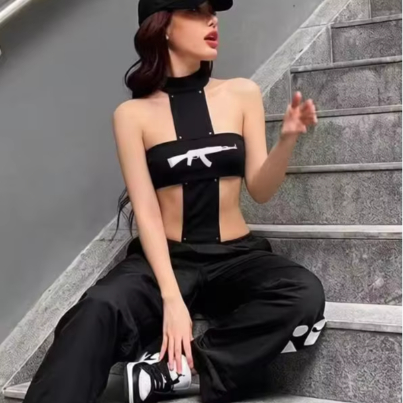 섹시한 Y2K 스트릿웨어 패셔너블 펑크 건 프린팅 홀터 - Street Fashion Girl 리뷰 및 가격