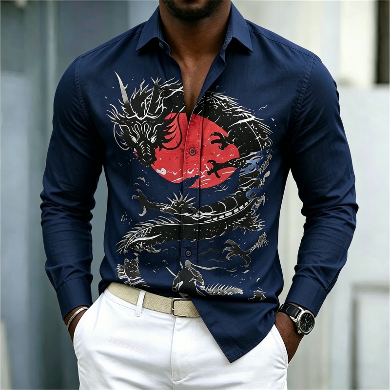 2026 신상 남성 셔츠 화이트 블랙 레드 배색 드래곤 - Street Fashion News 리뷰 및 가격