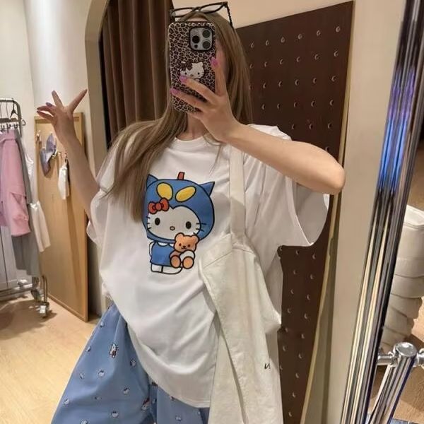 반팔 헬로 키티 프린트 티셔츠 산리오 여성 여름 새로운 - Street Fashion Designer 리뷰 및 가격