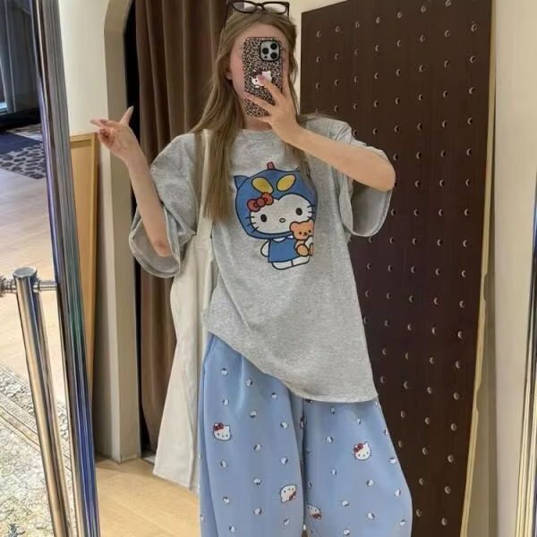 반팔 헬로 키티 프린트 티셔츠 산리오 여성 여름 새로운 - Street Fashion Designer 리뷰 및 가격