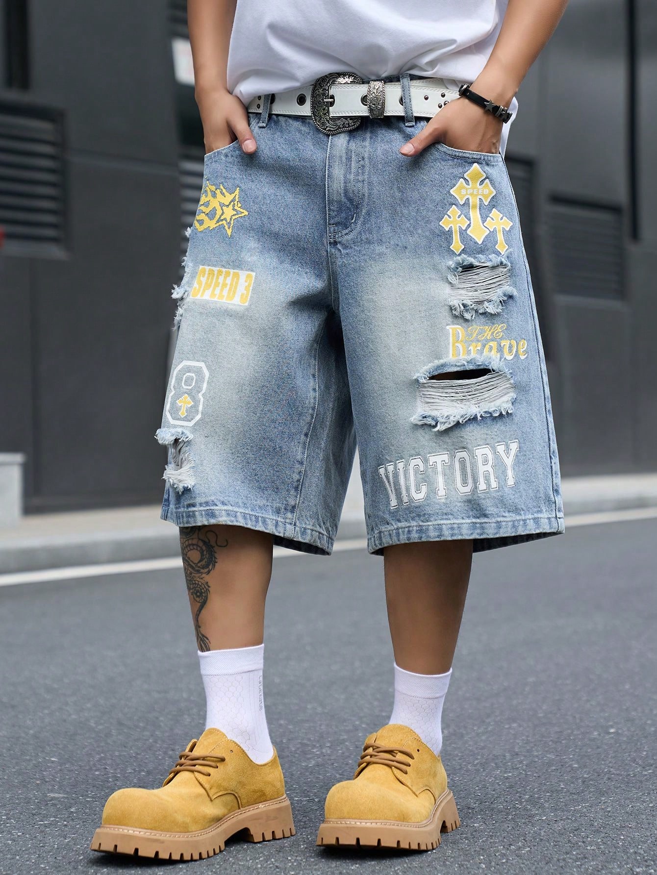 남성용 루즈핏 데님 버뮤다 반바지, 빈티지 디스트레스드 - Street Fashion Types 리뷰 및 가격