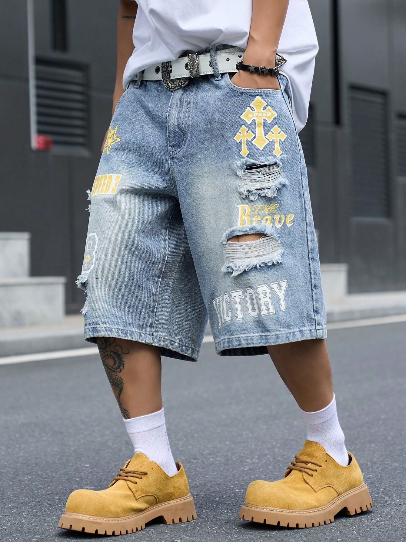 남성용 루즈핏 데님 버뮤다 반바지, 빈티지 디스트레스드 - Street Fashion Types 리뷰 및 가격